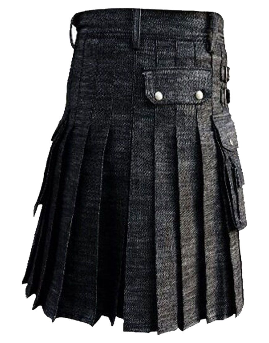 Black Denim Kilt With Cargo Pockets	