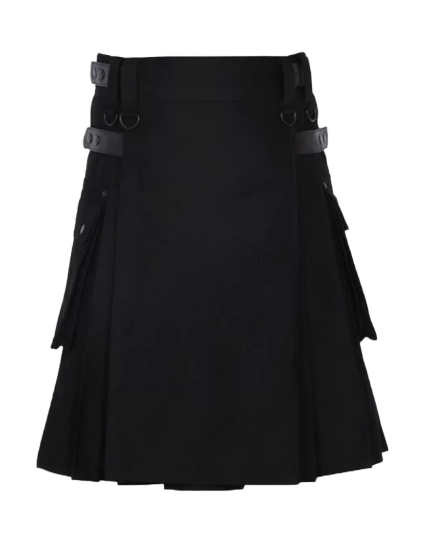 Black Cotton Utility Kilt with Leather Straps