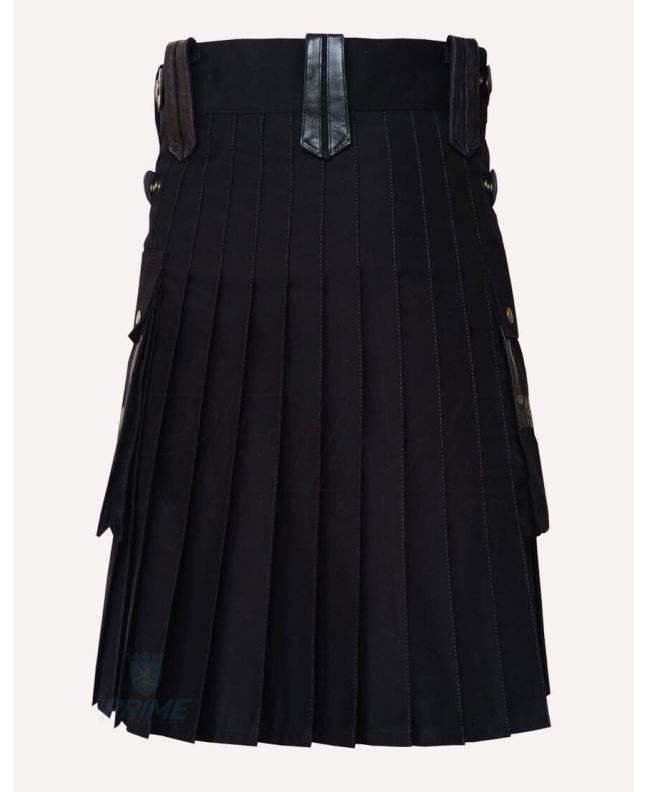 Black Cotton Utility Kilt with Leather Accents