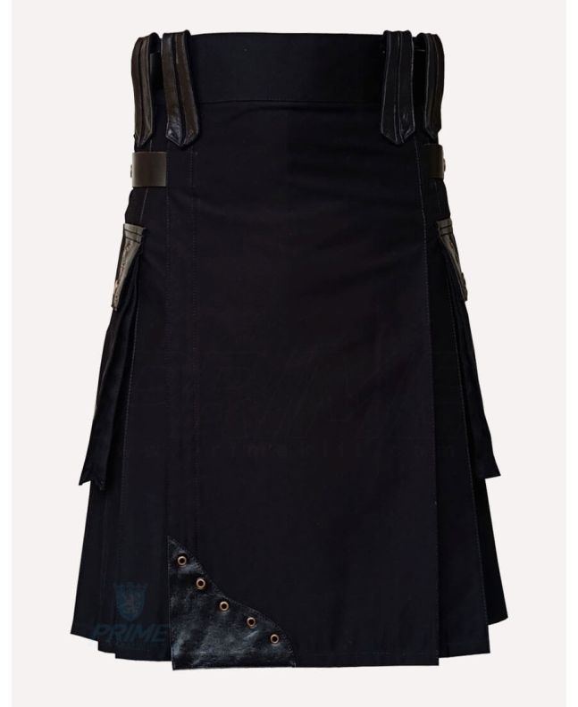 Black Cotton Utility Kilt with Leather Accents