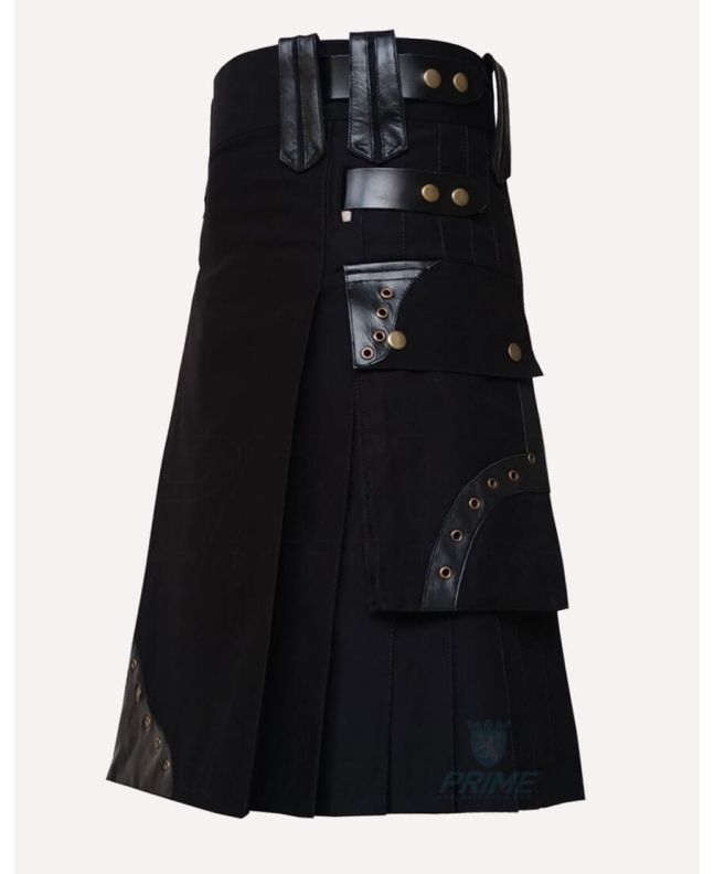 Black Cotton Utility Kilt with Leather Accents