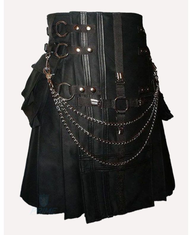 Black Fashion Utility Kilt With Chains