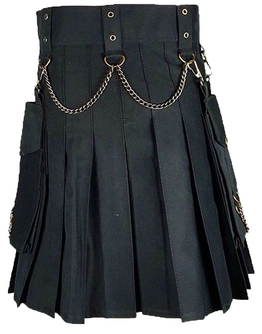 Black Utility Kilt With Golden Chains - Black Gothic Kilt - Kiltist