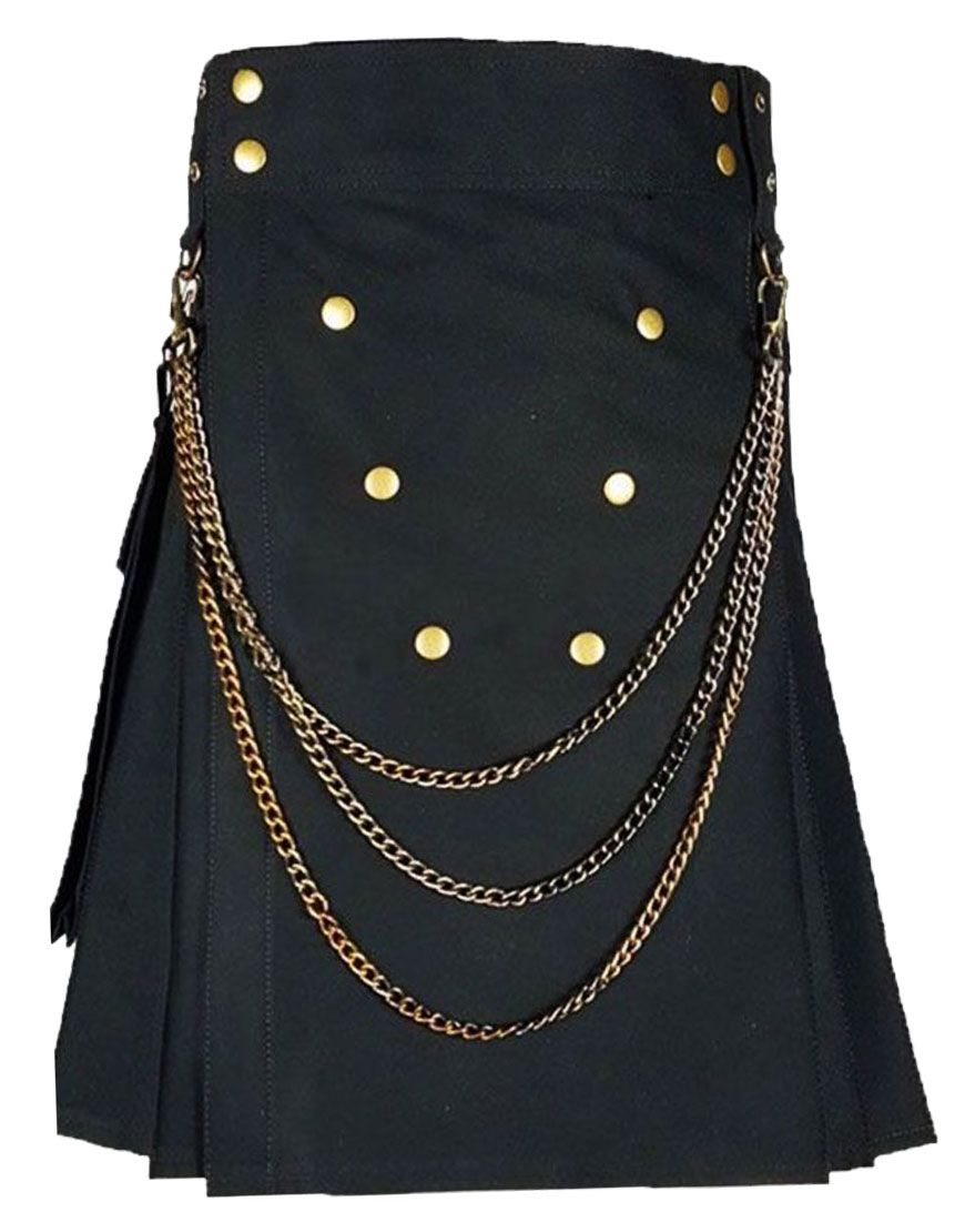 Black Utility Kilt With Golden Chains - Black Gothic Kilt - Kiltist