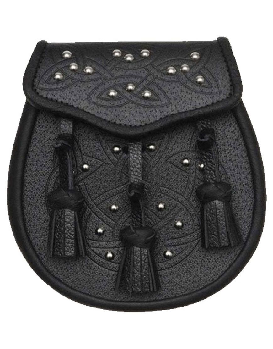 Black Leather Celtic Embossed Studded Leather kilt Sporran	