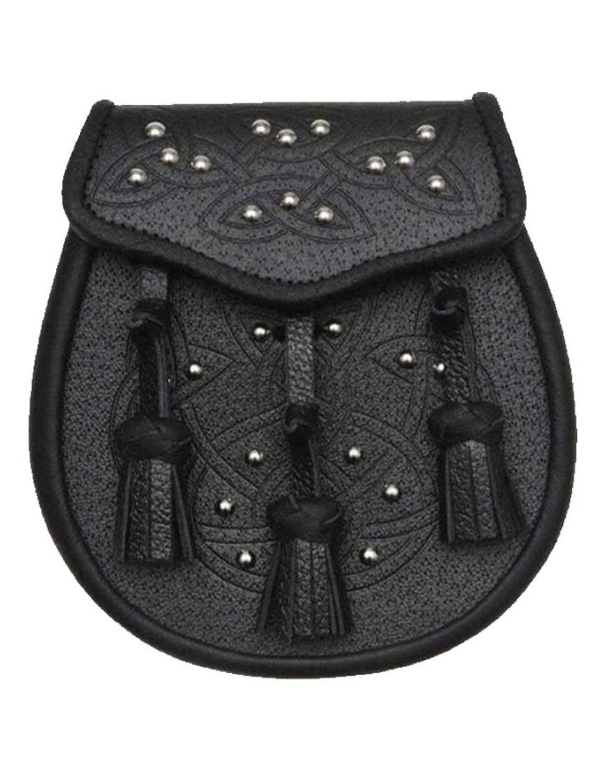 Black Leather Kilt Sporran With Thistle Emblem	