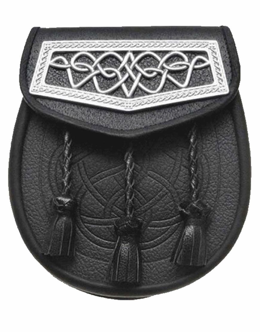 Black Leather Celtic Plate Kilt Sporran	