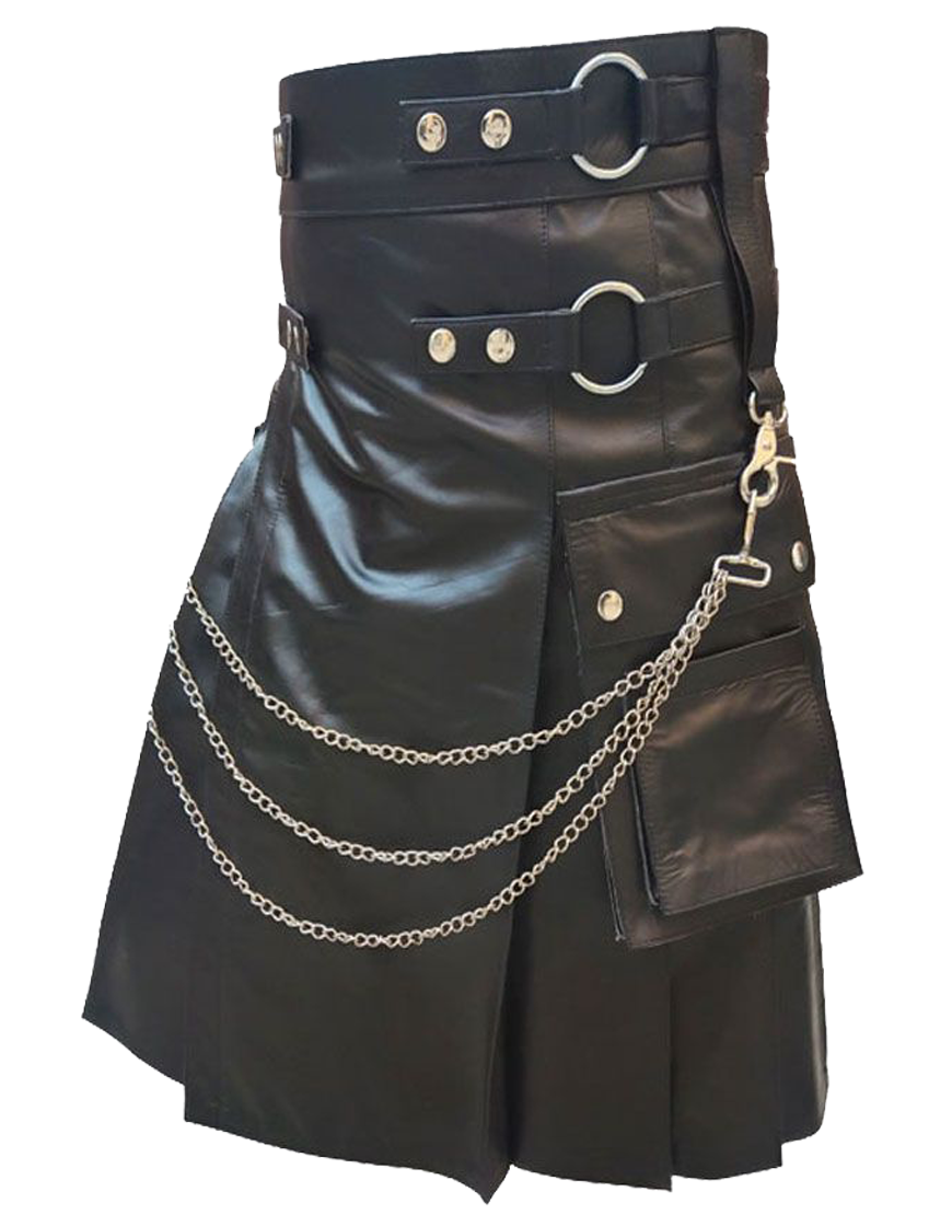 Black Leather Fashion Kilt For Men