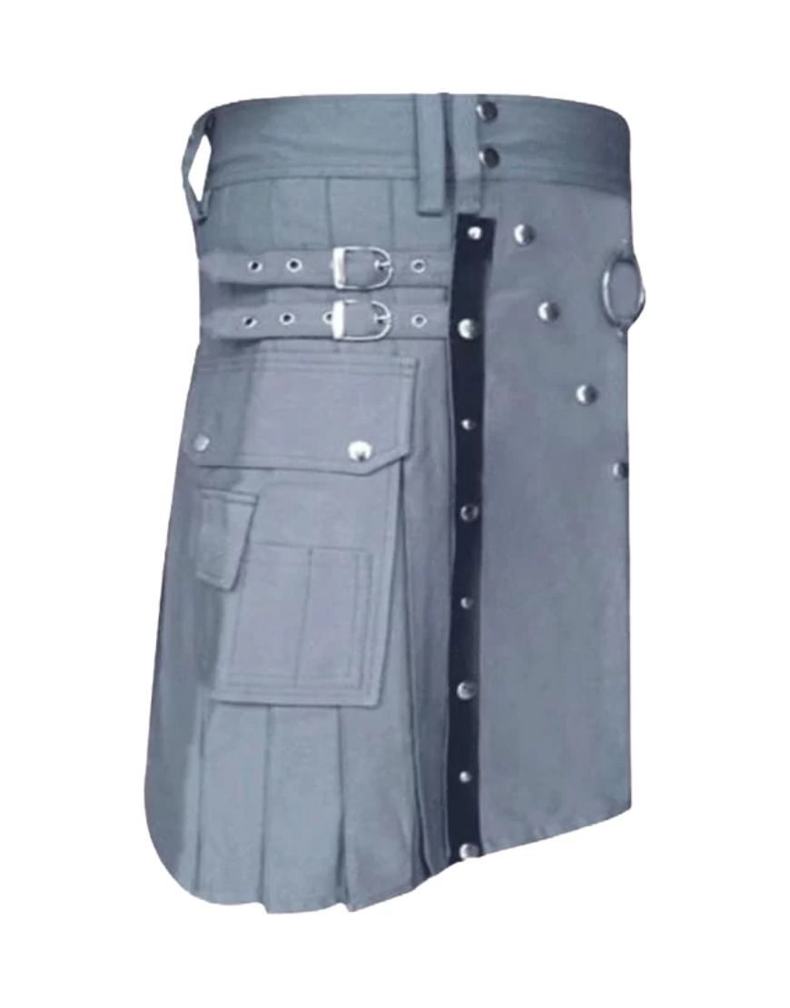 Grey Utility Kilt for Men with Leather Straps, Metal Rivets & Pockets