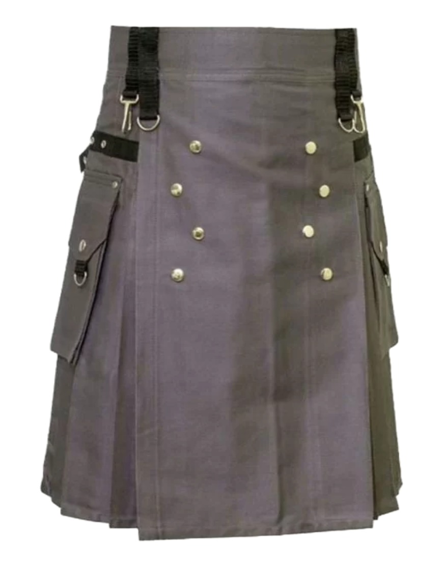 Grey Utility Kilt with Adjustable Straps and Pockets