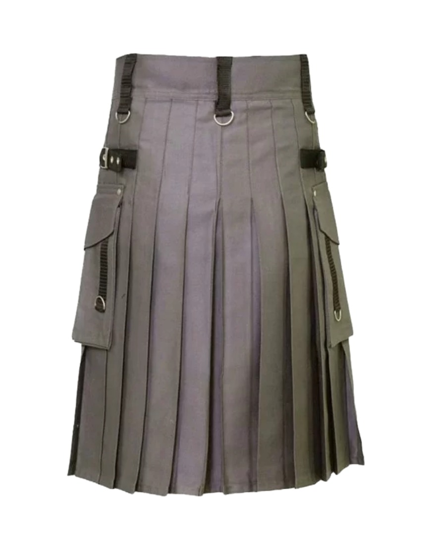 Grey Utility Kilt with Adjustable Straps and Pockets