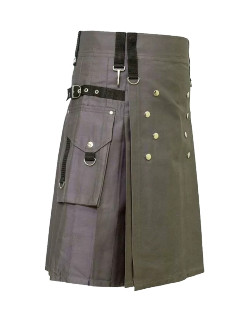Grey Utility Kilt with Adjustable Straps and Pockets