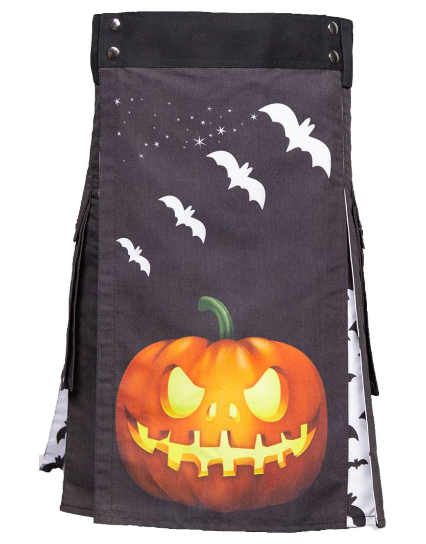 Halloween Printed Modern Utility Kilt With Jack O Lantern and Bats