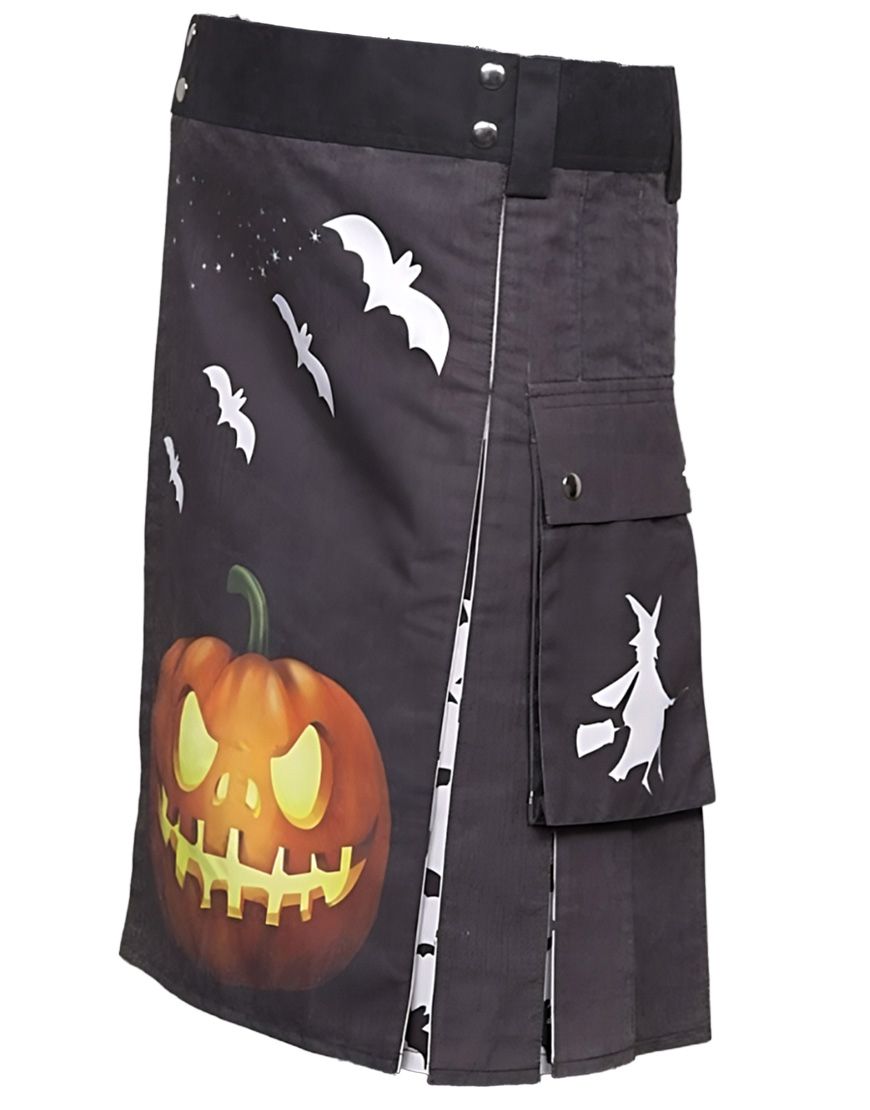 Halloween Printed Modern Utility Kilt With Jack O Lantern and Bats