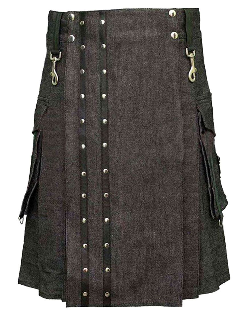 Heavy Denim Kilt With Straps	