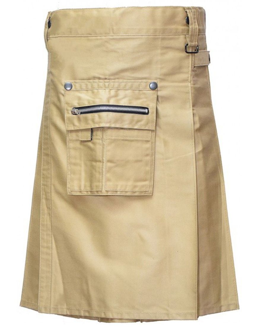 Mens Khaki Modern Utility Kilt With Pockets