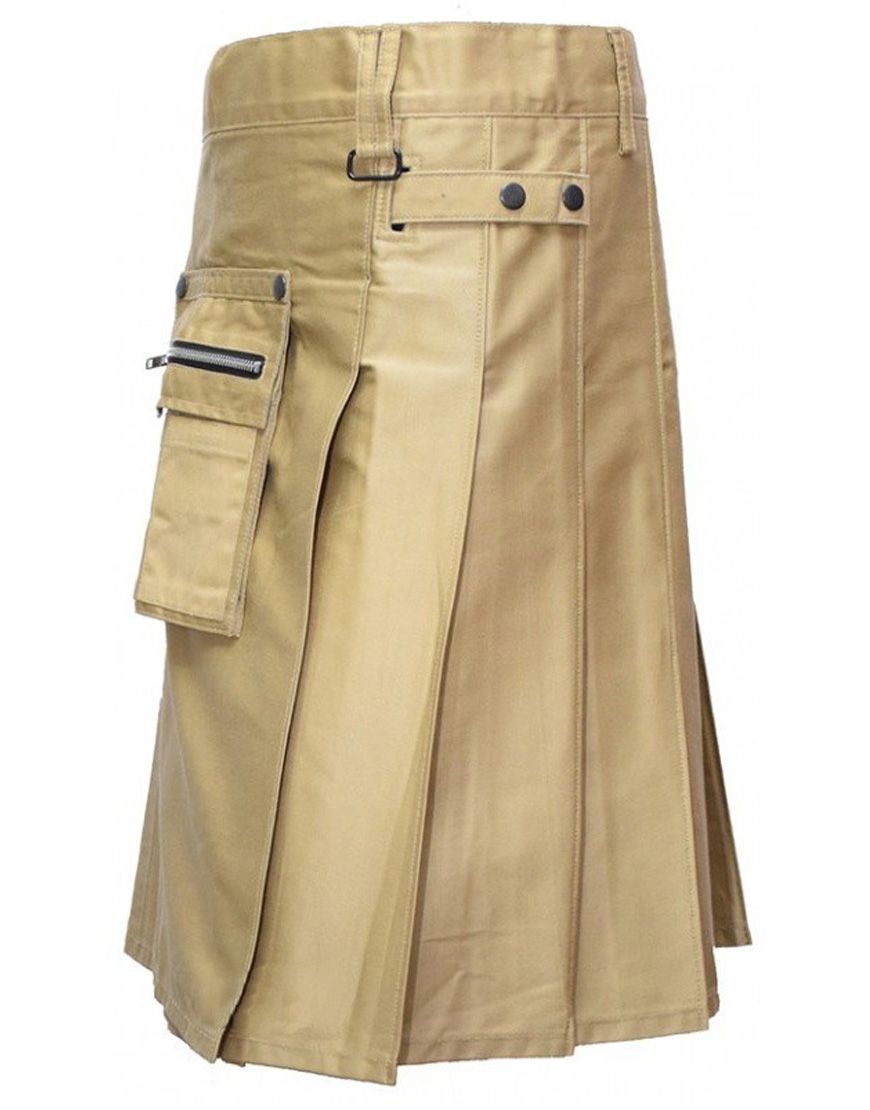 Mens Khaki Modern Utility Kilt With Pockets