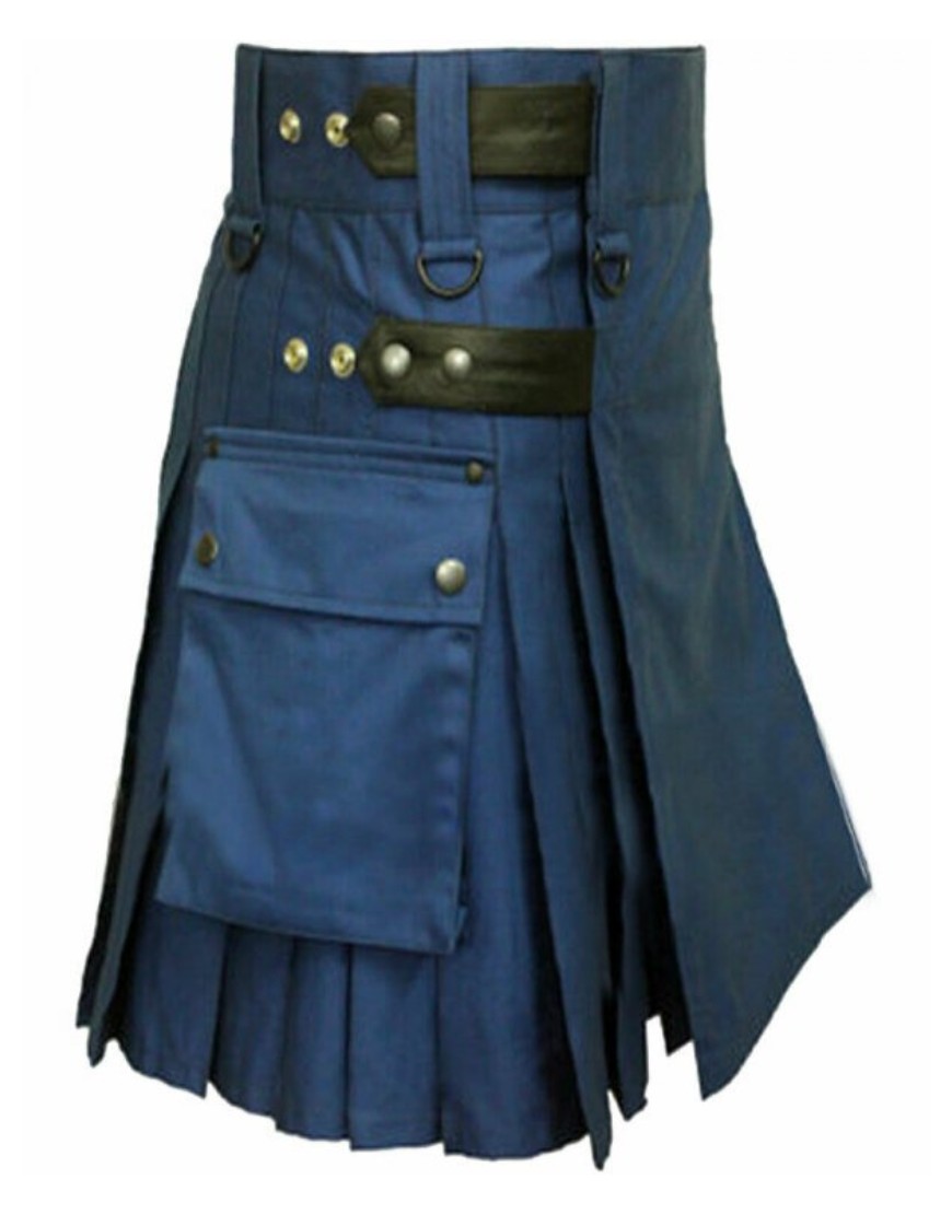 Navy Blue Cotton Utility Kilt with Pockets & Leather Straps