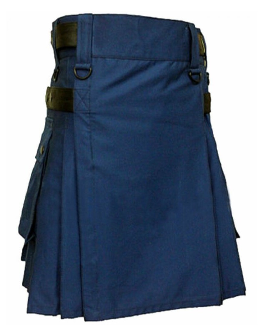Navy Blue Cotton Utility Kilt with Pockets & Leather Straps