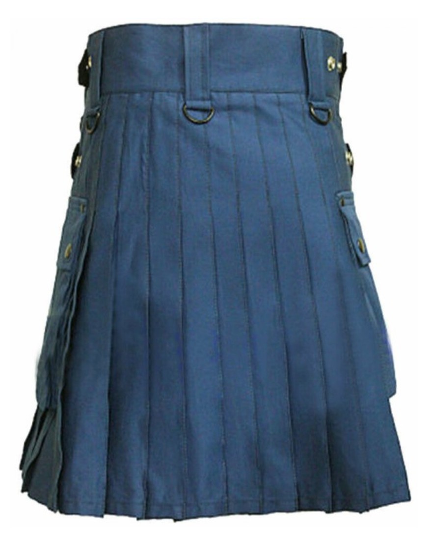 Navy Blue Cotton Utility Kilt with Pockets & Leather Straps