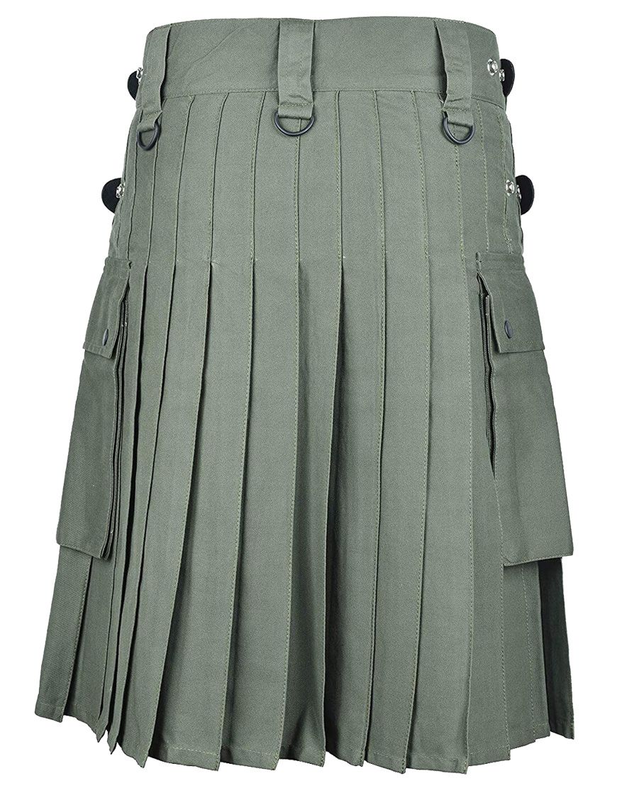 Olive Green 100 percent Cotton Utility Kilt Front