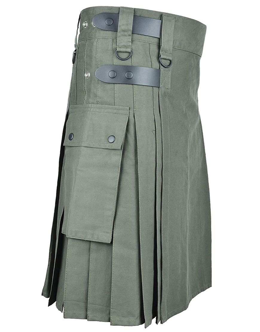 Olive Green 100 percent Cotton Utility Kilt Front