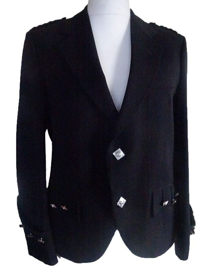 Prince Charlie Black Kilt Jacket with Silver Buttons
