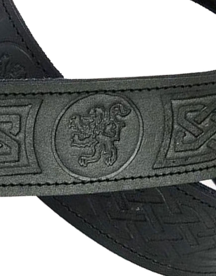 Rampant Lion Embossed Black Leather Kilt Belt 