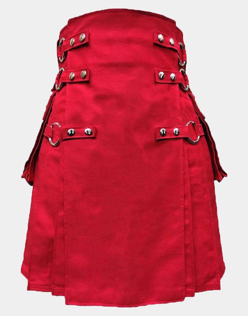 Red Canvas Cloth Straps Utility Kilt With Silver Chains