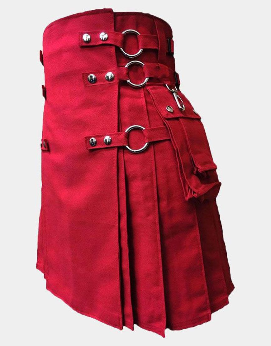 Red Canvas Cloth Straps Utility Kilt With Silver Chains