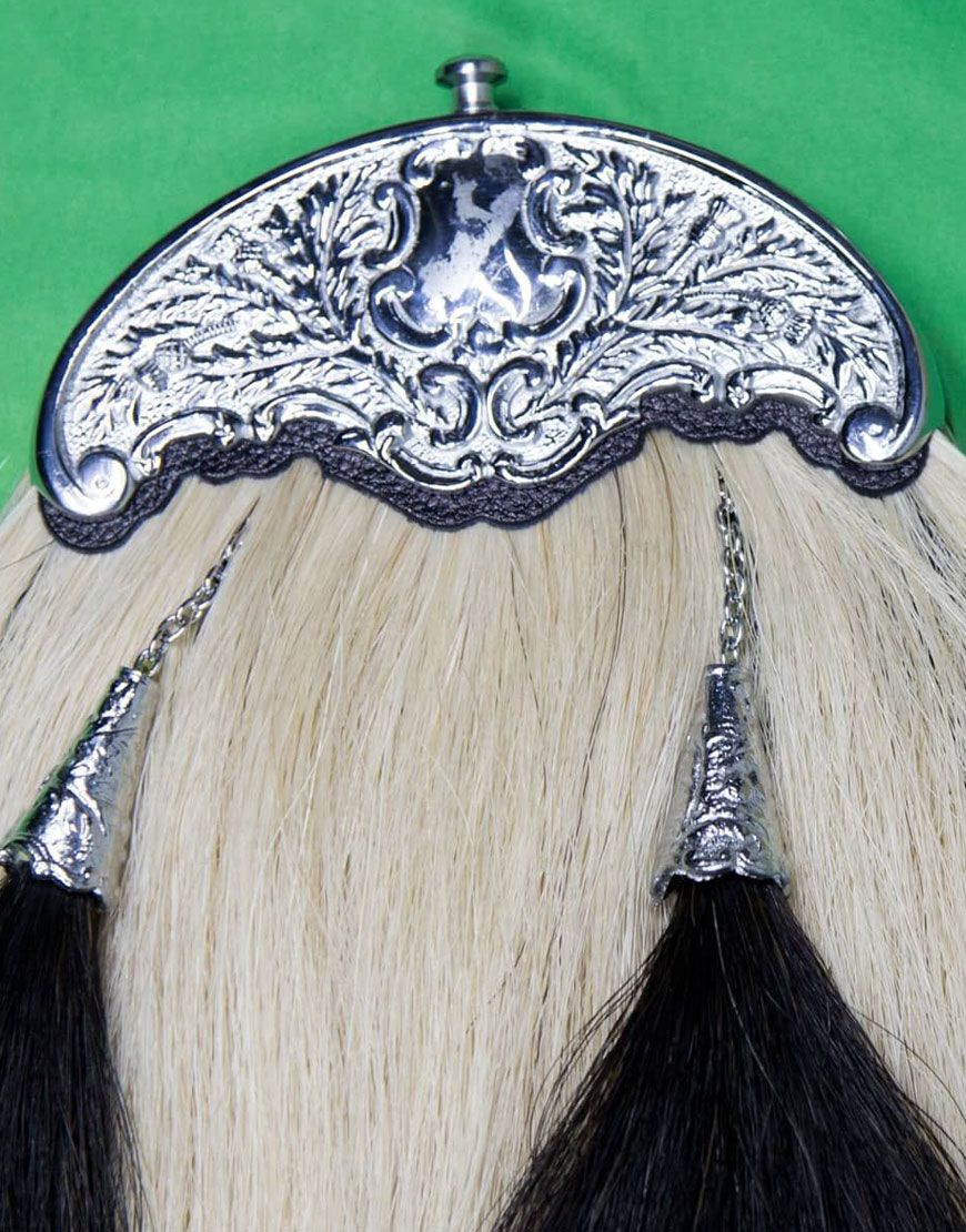 Original Long Horse Hair Sporran White Body Two Black Tassels with Chain Belt
