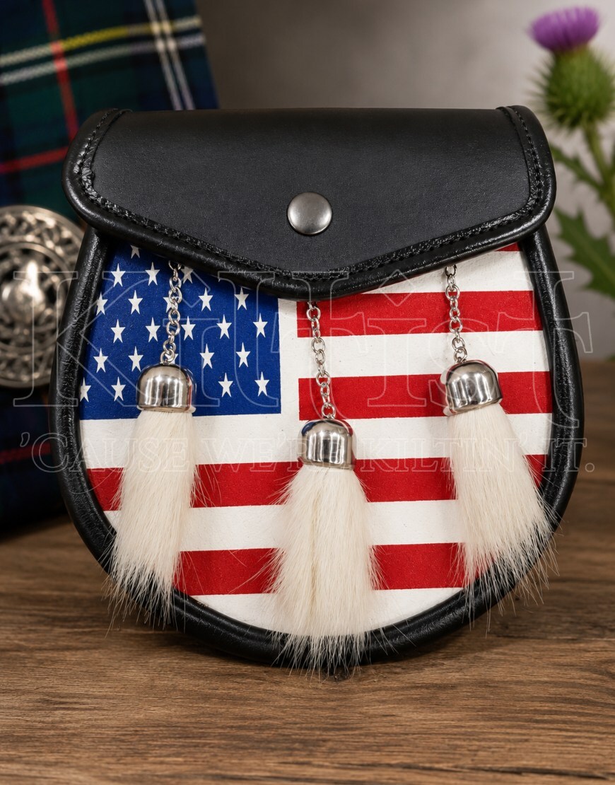 Stars Stripes American Flag Kilt Sporran  Patriotic Leather Pouch with Tassels for Highland Games & 4th of July