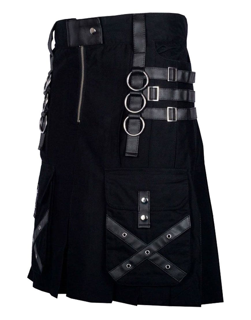 Utility Black Cotton Gothic Kilt Cargo Pockets